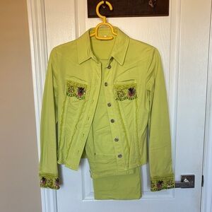 Ungaro Fever Lime Green Embroidered Jean Jacket and jeans